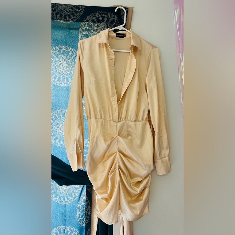 Stone Long Sleeve Ruched Detail Shirt Dress